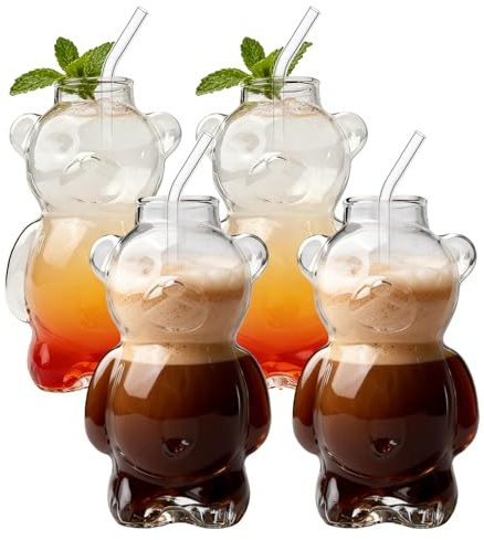 GOMETY Juego de 4 vasos para beber, 320 ml, con forma de oso, con pajita, vasos de café, vasos de café matcha, tazas de café helado, leche latte macchiato, vasos de cóctel para el hogar, la oficina
