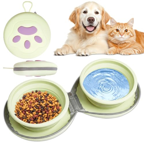 Mugtide Confezione da 2 Ciotole Pieghevoli per Cani, Ciotole da Viaggio in Silicone per Animali Domestici, Ciotole da Viaggio Portatili per Cani, Ciotole D'acqua Pieghevoli, 450 ML (Verde)