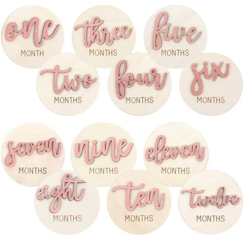 6 PCS Baby Monthly Milestone Cards, Double Sided Wooden 3D Milestone Cards Signs for Photos Announcement Sign 1-12 Months Photography Photo Newborn Keepsake Gift(Pink)