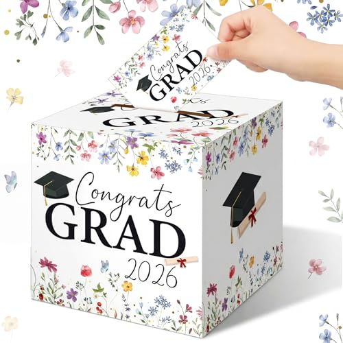 Tinlade 9 Inch Wildflower Graduation Decoration 2026 Graduation Cards Box Holder Graduate Gift Cards Box Congrats Grad Party Favors Grad Party Decor Supplies