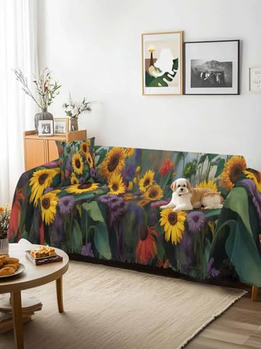 Sunflower Sofa Cover Blanket Couch Covers for Armchair Cushion,Couch Sofa Silpcover with Tassel,Modern Oil Painting Summer Botanical Floral Living Room Bedroom Throw Towel Blanket Covers XX-L 71x150