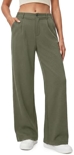 Enmain Pantalones Mujer Vestir Verano Cintura Alta Elástico Pierna Recta Ancha Antiarrugas Pantalon Palazzo Fluido Largo Ligeros Suelto Cómodo Mujer Elegante Casual con Botón Bolsillos