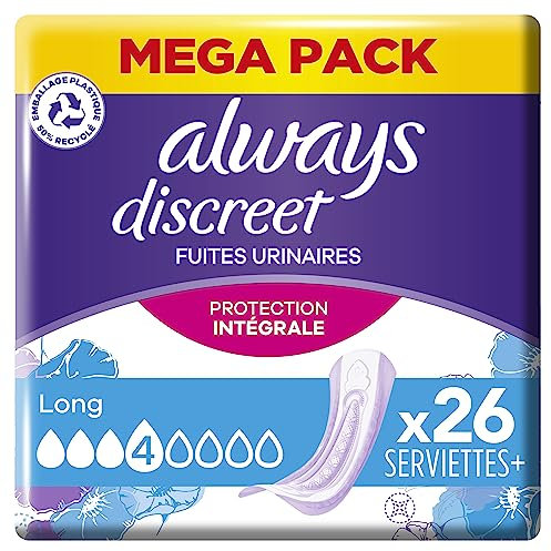 Always Discreet, 26 toallas higiénicas incontinencia mujer, larga 4 gotas, protección absorbente para fugas urinarias importantes o post parto