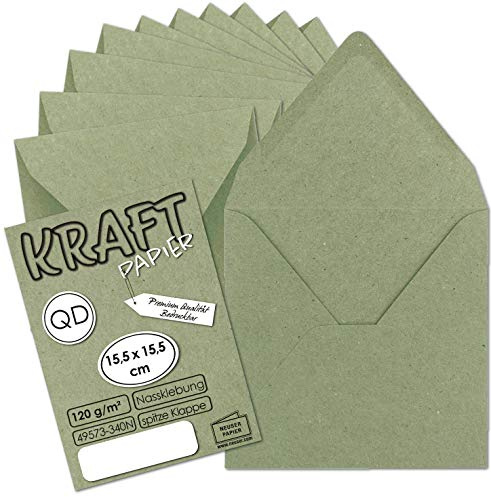 25 x vintagekuvert kvadratiska av grönt kraftpapper – hållbart – 15,5 x 15,5 cm – fukthäftande spetsklaff – NEUSER papper