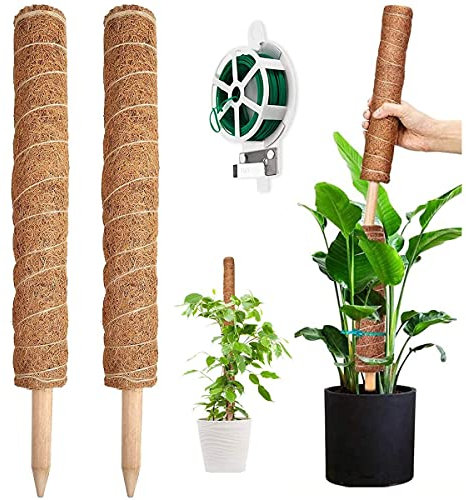 YAUNGEL Pflanzenstütze, 2 Stück 41CM Pflanzstab Rankhilfen für Kletterpflanzen Natürlicher Kokosstab mit 20M Langen Drehbändern zur Unterstützung von Zimmerpflanzen