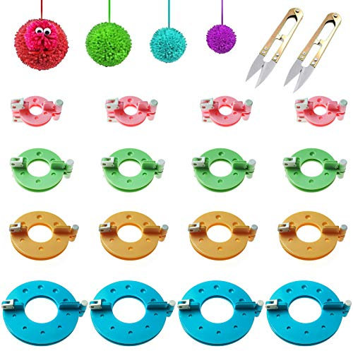 Generic SZMD 32 Pieces (16 Pairs) Pompom, Bobble Maker for Wool Yarn Knitting & DIY Doll Making, 4 Sizes, with 2 x Craft Scissors (4 Colours), Kunststoff