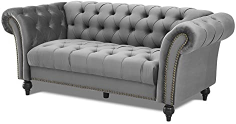 Home Detail Velvet Fabric Chesterfield Sofa Upholstered 1.5 2 & 3 Seater Curved Settee Set Living Room Suite (3 Seat Sofa Only, Grey)