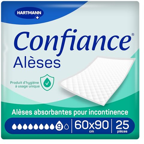 Confiance® Alèse - Alèses pour la protection de la Literie ou du Fauteuil - Niveau d'Absorption = 9 gouttes - Dimensions = 60 x 90 cm - 25 unités
