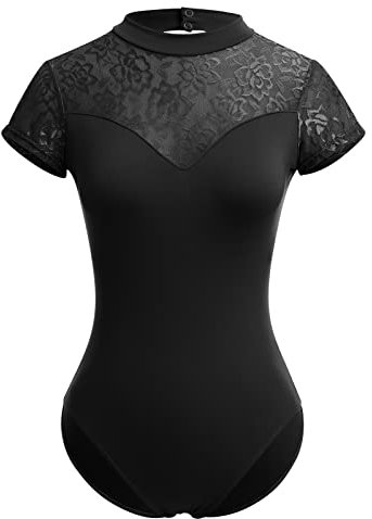 Odizli Ballettkleidung Damen Kurzarm V-Ausschnitt Spitze Rückenfrei Body Bodysuit Ballett Trikot Tanzbody Tanztrikot Turnanzug Ballerina Gymnastikanzug mit BH-Pad Schwarz #1 L