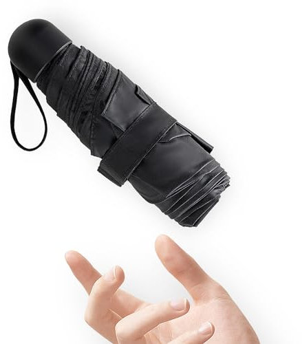 Mini Klein Regenschirm Taschenschirm Mit 6 Rippen, 260T Stoff & Aluminium Schirmständer, Regenschirm kompakt Faltbar Leicht Im Freien UV Schutz Regenschirme für Damen und Kinder Reise Schwarz Umbrella