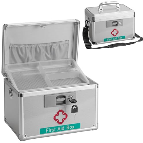 First Aid Box with Key, 11.2 x 7.6 x 7.6 Inches, Empty Lockable Medicine Storage Organizer for Home/Outdoor (Silver/Medium)