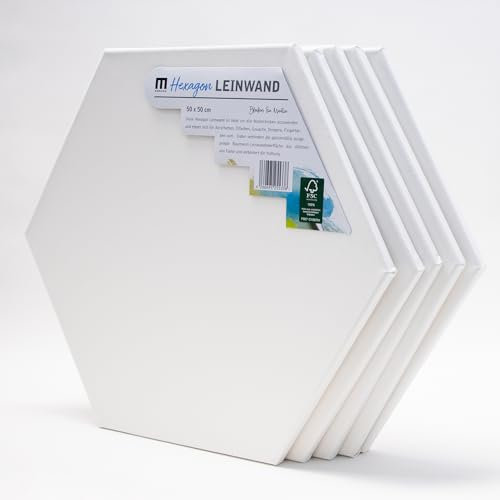 5er-Set Leinwand Canvas zum Bemalen in Hexagon-Form, 50x50cm. Leere, weiße Leinwand aus 100% Baumwolle ist umlaufend aufgespannt auf 17mm FSC® Holz-Keilrahmen, 280g/m², 2-fach weiß grundiert