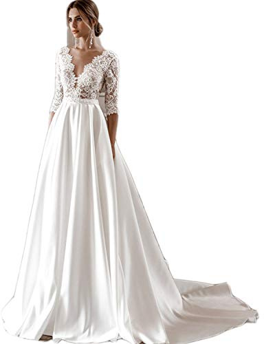 Abiti da Sposa in Raso Di Pizzo con Applicazioni a Mezze Maniche con Scollo a V Profondo con Strascico, Vestito da Sposa a Coda Lunga Bianchi Francesi Abiti da Sera Taglie Forti per Donne, LeXAaN,