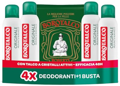 Borotalco, Deodorante Spray Originale, con Talco a Cristalli Attivi, Tripla Protezione Asciutta, Senza Alcool, Profumo di Borotalco, 48h efficacia - 4 Pezzi da 150 ml - Esclusiva Amazon