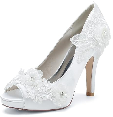 Chaussures de Mariée Femme Blanche Escarpins à Talon Haut Chaussure Mariage Talon Femme Bout Ouvert Chaussures de Mariage,Blanc,37 EU