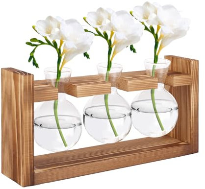 LDXDRU Tubes à essai avec support - Décoration vintage - Petit vase en verre - Décoration de table - Tubes à essai en bois pour fleurs - Planteur en verre pour décoration de table, salon