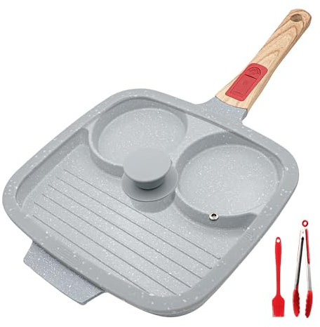 RANX INGST Sartén Tortilla de 3 Agujeros con Tapa, Revestimiento Cerámico Antiadherente, 26 cm Sartén de Desayuno 3 en 1 con Mango Extraíble para Huevos Fritos,Mini Crepes - Azul