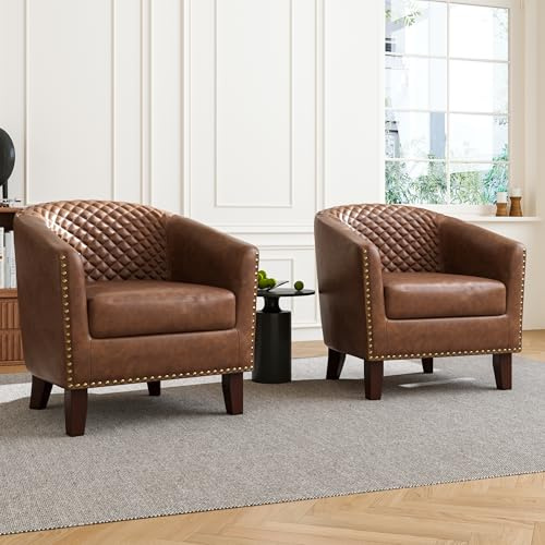 DREAMSIDEA Accent Barrel Chair, Upholstered Faux Leather Club Chair with Nailed Trim, Comfy Reading Armchair for Living Room Bedroom Reception Room Office (Brown, Set of 2)