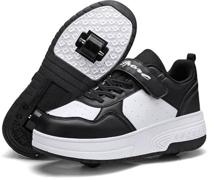Mateju Chaussures à roulettes Fille Garçon Noir Patins à roulettes Rétractable Enfant avec 2 roulettes 2 en 1 Chaussures de Skateboard Réglables Adolescents pour Homme Femme 29 EU