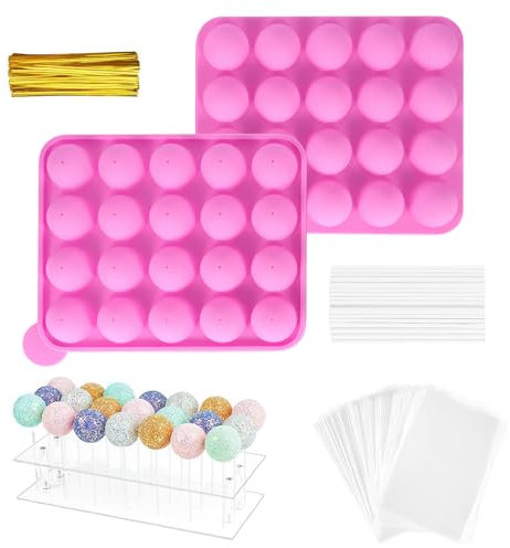 Kit da 302 stampi per cake pop, kit fai da te con 1 supporto per lecca-lecca, 1 set di stampi in silicone, 100 bastoncini e sacchetti per cake pop, 100 papillon dorati per bambini e adulti