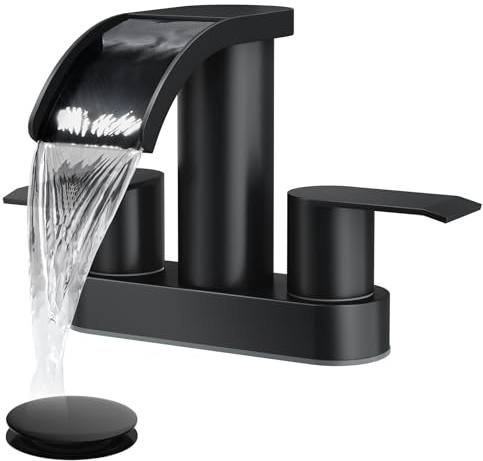 gotonovo 4 Inch Centerset Waterfall Bathroom Sink Faucet Deck Mount 2 Handle Basin Faucets 2 or 3 Hole with Pop Up Drain Included Lavatory Modern Mixer Tap Vanity Faucet Matte Black
