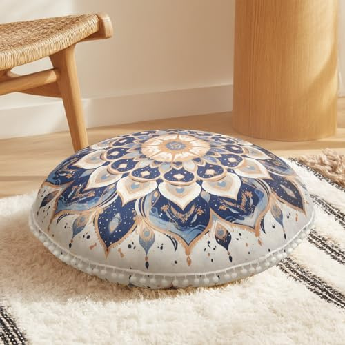 DAWNYIELD Meditation Floor Cushion, Round Floor Pillow with Washable Removable Cover, 80cm Large Ergonomic Yoga Floor Pillow for Adults with Pom-Pom Accents, Indoor/Outdoor Use, Navy Blue