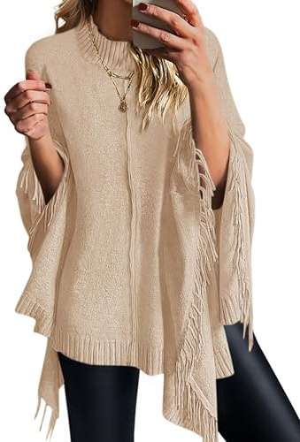PRETTYGARDEN Women's 2025 Fall Winter Poncho Sweaters Trendy Chunky Knit Fringe Shawls Wraps Pullover Tops Holiday Outfits (Beige,Small)