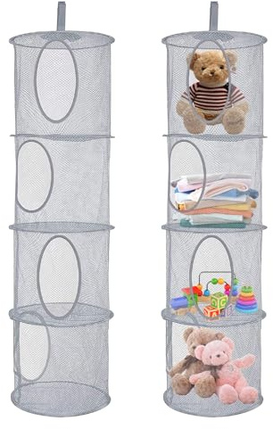 Zyluniy 2 Piezas Organizador Colgante, 4 Niveles Bolsas de Almacenamiento de Red Colgante, Redes Colgantes de Malla para Almacenar, Red de Almacenamiento Colgantes para Juguetes, Ropa Pequeña (Gris)