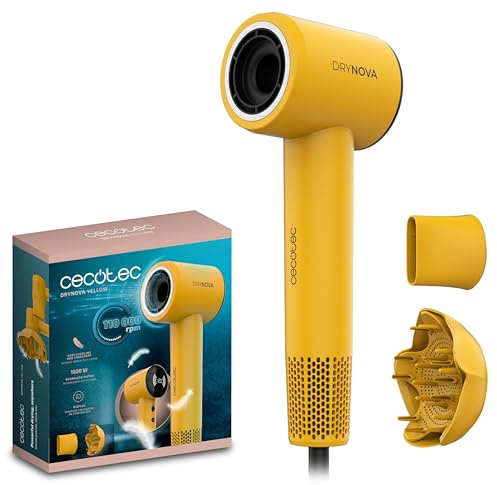 Cecotec Asciugacapelli Compatto e Leggero DryNova Yellow Sun. 1600W, 110000RPM, Motore Brushless, Diffusore e Concentratore, Generatore di Ioni, Silenzioso e Durevole, 4 Impostazioni Temperatura