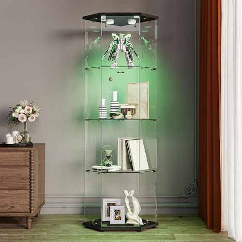 Vetrina in vetro LED, 162 x 60 x 40 cm, vetrina in vetro con serratura a LED e porta, 4 ripiani, vetrina ad angolo, vetrina trasparente, grande vetrina da collezione, per soggiorno e bar