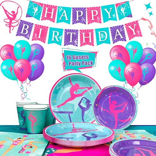 Huxolynifty gymnastik festservis sats, 16 gäster gymnastik flicka party dekorationer papperstallrik barnfödelsedag ballonger banderoll bordsduk födelsedag för gymnastik tillbehör