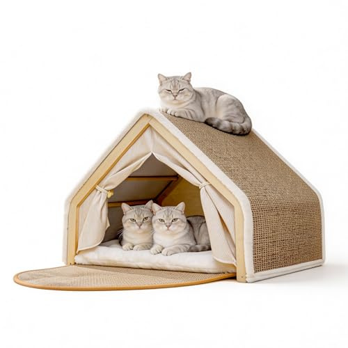 Casa para Gatos de Interior con Rascador de Sisal, Cama Gatos 2 en 1
