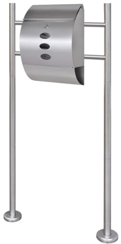 vidaXL Stainless Steel Lockable Mailbox with Stand - Modern Silver Postbox with Mail Slot, Key Lock, Newspaper Holder, and Viewing Windows for Home/Office Exterior