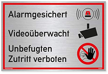 Schild Alarmgesichert Videoüberwacht | Unbefugten Zutritt verboten | stabiles Alu Schild mit UV-Schutz 30x20 cm | Silber gebürstet edle Optik | Alarmanlage Videoüberwachung Kameraüberwacht | Dreifke®