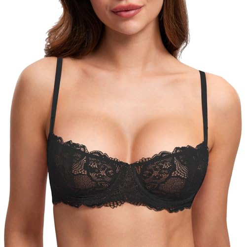 DOBREVA Sujetador de Encaje Balcony X-Back con Aros sin Relleno para Mujer Negro 95E