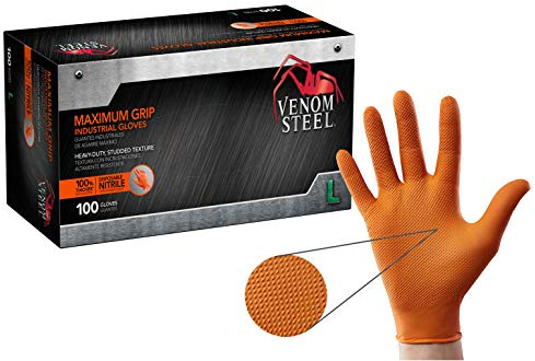Venom Steel Orange Nitrile Gloves, 8 mil Thick, Large, 100 Count, Maximum Grip Textured Disposable Gloves, Puncture and Rip Resistant, Hi-Visibility Orange, One Size Fits Most
