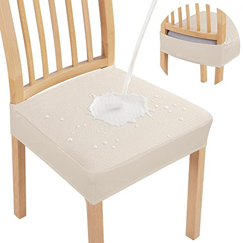 Smiry Waterproof Seat Covers for Dining Room Chairs Set of 2, Stretch Jacquard Removable Washable Chair Seat Slipcovers Protector, No Rear Covers, Beige