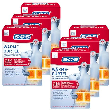 SOS Wärme-Gürtel, zur Schmerzlinderung bei Rückenschmerzen, Gürtel mit Wärmepads bei verkrampften Muskeln und Verspannungen (6 x Wärmegurt, je 4 Wärme Pads)