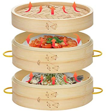 PIAOLING Cesta de Vapor de bambú de 2 Capas, Cesta de Vapor de Madera orgánica China, vaporera de Alimentos para Dim Sum, Pollo, Pescado, Verduras, arroz