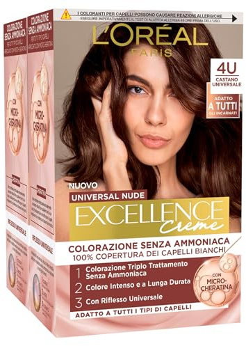 2 x L'Oréal Paris Excellence Cremas Universal Nude Coloración Permanente Castaño 4U Triple Tratamiento – 2 tonos