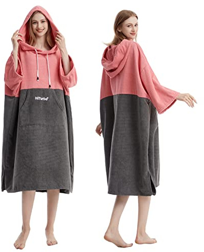 Hiturbo Changing Robe, Absorbent Quick Dry Surf Poncho, 3/4 Sleeve Microfiber Hooded Towel for Beach Swimming Surfing Bathing (Pink/Gray)