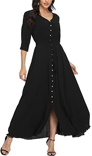 VOGMATE Femme Ete Robe Longue Col en V Élegante Taille Haute 3/4 Manches Robe Boheme Plage Maxi Robes Fluide Décontractées Noir XL