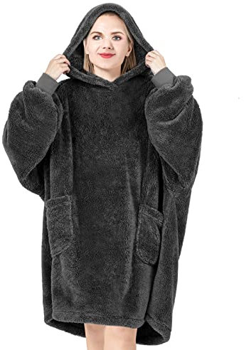 WOLTU Hoodie Decke mit Ärmeln Kapuze, Oversized Kapuzenpullover flauschig, weiche Ärmeldecke Tragbare Decke zum Anziehen, Damen Herren, gute Geschenkwahl, 107x90 cm Anthrazit