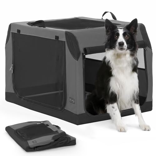 PETSFIT Dog Travel Crate, Soft Sided Dog Crate - 36 Inch Sturdy Adjustable Structure, Easy to Set Up, Collapsible Dog Crate for Car, Light Tough with 3 Mesh Doors Gray