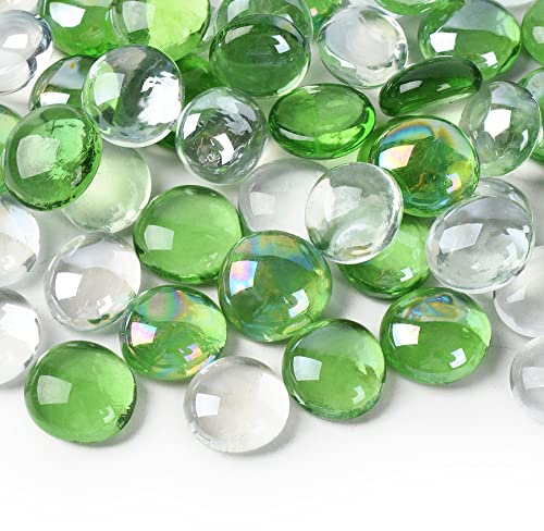 HUIANER Round Clear Glass Pebbles 450g, Mixed Color Green Flat Stone Marbles Table Scatter Gems for Vase Filler Aquarium Decor Garden Decoration (100 Approx.)