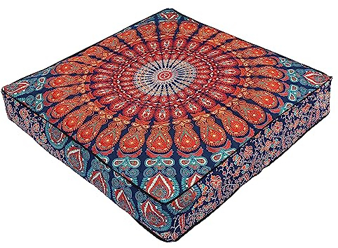 Handmade Hippie Floor Cushion Covers 35 Mandala Large Floor Pillowcase for Meditation Cushion Oversized comfort wellness seating for small spaces (Peacock Multicolour)