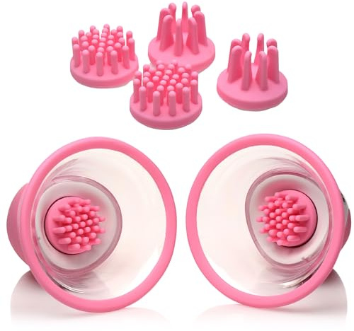 SIZE MATTERS 10X Rotating Silicone Nipple Suckers with 4 Attachments for Women & Couples. Powerful and Rechargeable Female Adult Toys for Stimulation with Smooth Texture. 7 Piece Set, Pink & White.