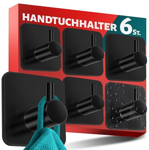 Menz 6 Pièces Crochet Adhesif Mural, Porte Serviette Salle de Bain, Etanche Autocollan Accroche Pour Torchon de Cuisine, Noir