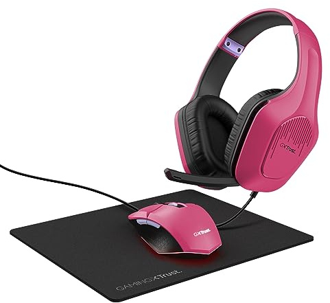 Trust Gaming GXT 790P Tridox 3-in-1 Gaming PC Bundle - Lightweight Headset with 50mm Drivers, Programmable Wired Mouse 200-6400 DPI, Mouse Mat, Gamer Set for Computer, Laptop, Desktop - Pink