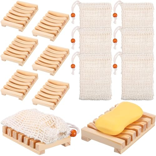 Mumufy 12 Pcs Wood Soap Dish and Exfoliating Bag Set 4.5 x 3.35 x 0.87 inches Self Draining Soap Saver Wood Tray for Bathroom Shower Travel(Wood Color,Wooden)